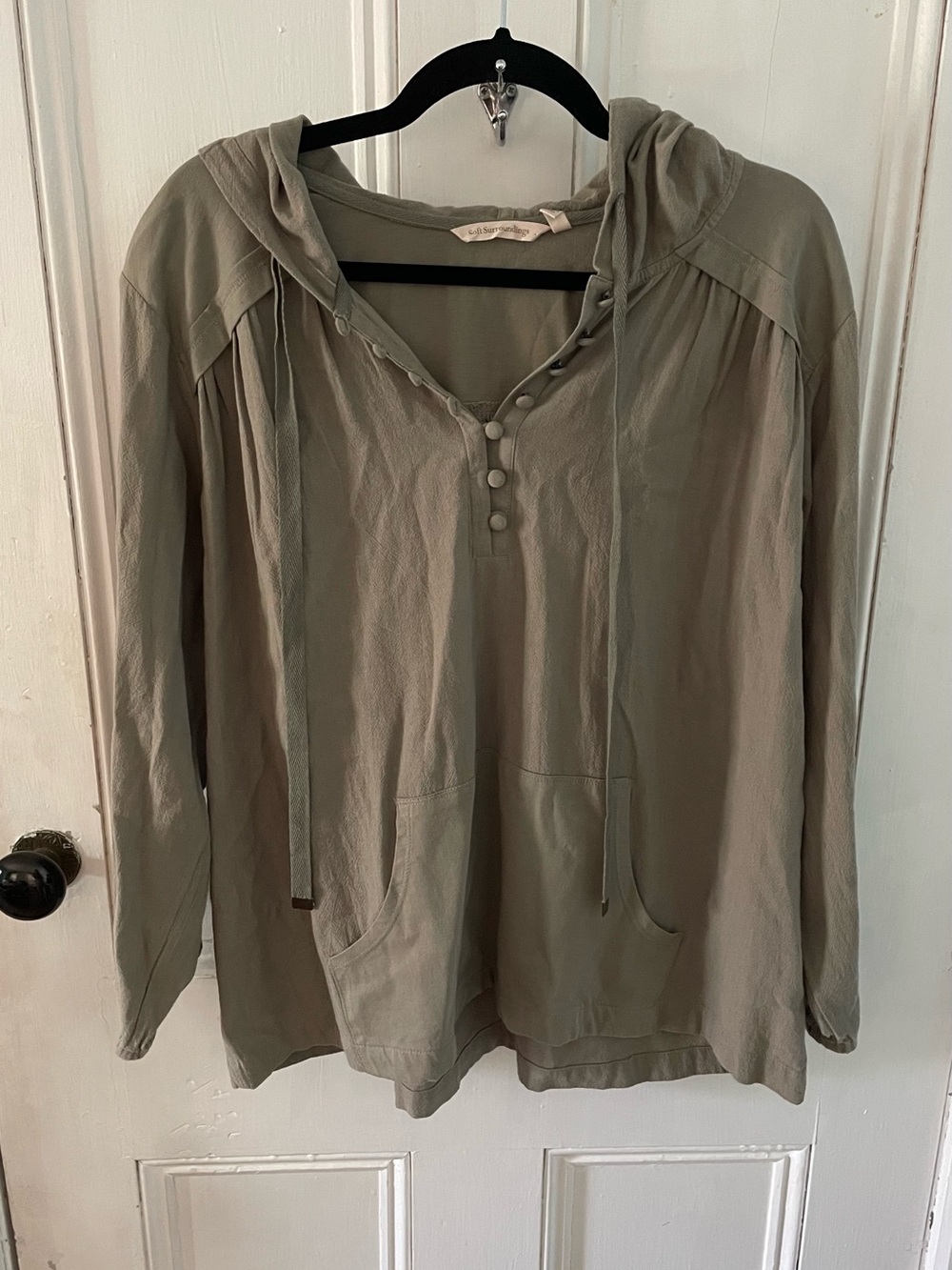 Soft Surroundings Lani Olive Green Cotton Gauze Long Sleeve Hooded Blouse Med